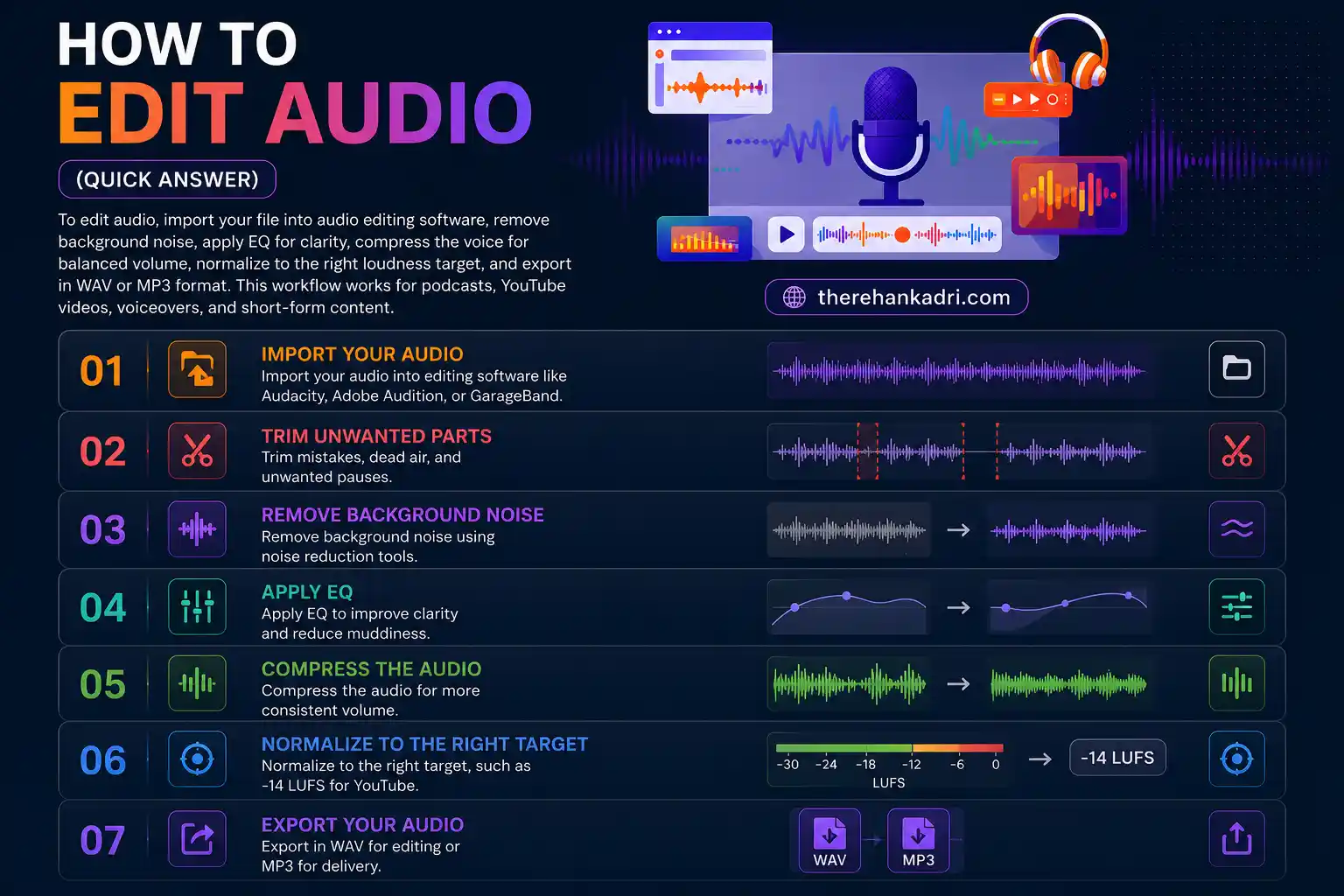 Infographic showing the seven-step audio editing workflow from import to export