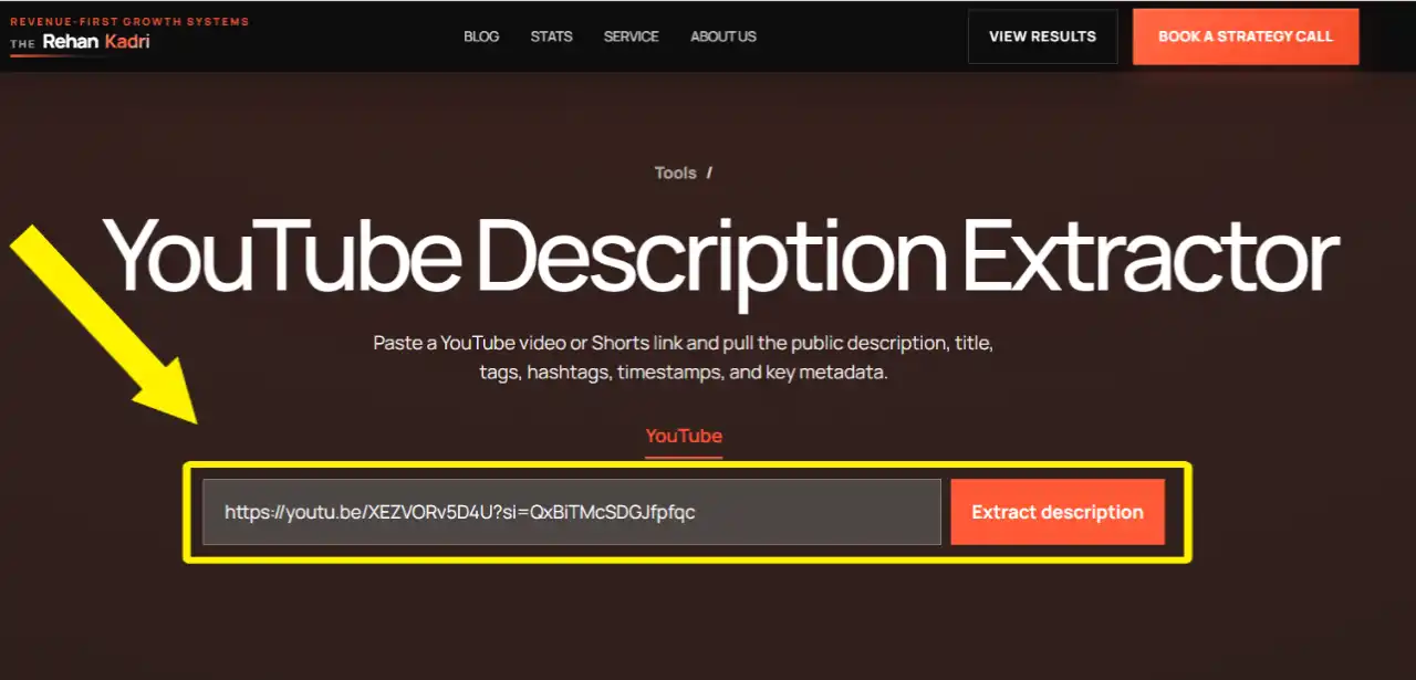 Paste the copied YouTube URL into the YouTube description extractor tool