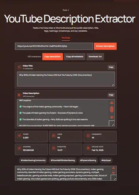 Copy or download the extracted YouTube description, title, and metadata results