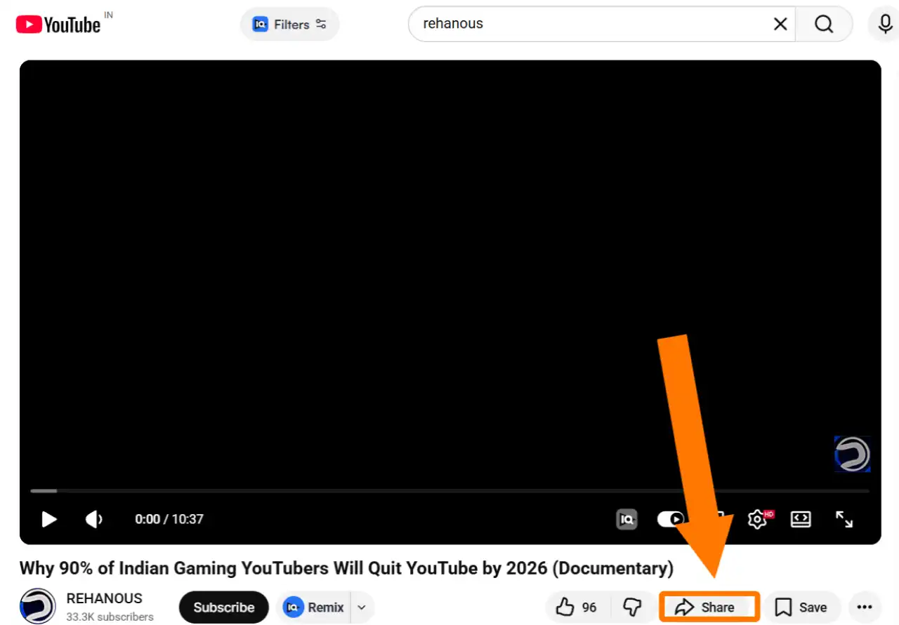 How to copy a YouTube video URL using the Share button