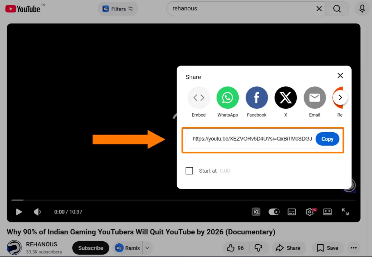 How to copy the YouTube share link from the share modal