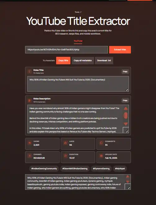 Copy or download the extracted title, description, and metadata results